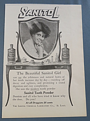 1906 Sanitol Tooth Powder With Woman Smiling In Mirror