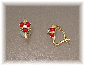 14k Gold Coral And Diamond French Clip Earrings