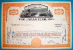 This vintage original stock certificate was issued in 1962 for The Japan Fund Inc. The Vignette features two men sitting by a lake and mountain in the background and was printed by American Bank Note ...