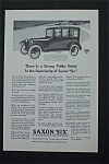 This fine vintage advertisement for a 1917 ad for Saxon Six which is in very good condition and measures approx. 6 3/4 x 10. This ad is suitable for framing. This vintage magazine advertisement depict...