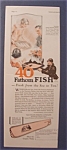This fine ad is in good condition and measures approx. 5 1/4" x 13 3/4". This ad is suitable for framing. This ad depicts a woman serving fish on a platter. <BR>