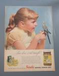 This fine vintage advertisement of a 1957 ad for French's Parakeet Food is in very good condition and measures approx. 10 1/4 x 13 1/2. This advertisement is suitable for framing. This ad depicts a li...