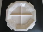 Jeannette Shell Pink Milk Glass divided serving dish in a lovely Grape Vineyard Pattern.<BR><BR>This dish is shell pink milk glass in an octagon shape and features 4 compartments for your tidbits. <BR...