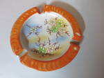Art Deco Porcelain Enameled Ashtray Floral Orange Swirl Rim Japan. Marked Stamp on back, inside symbol, Made in Japan PAT No 105665.<BR><BR>Length across 5 1/2 inch. Height 3/4 inch.<BR><BR>No Chips N...