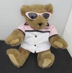 Vermont Teddy Bear Company Char Jointed Bear. Cute as can be with her Rhinestone Pink Sun Glasses and pink, white and black trim coat monogramed CHAR. 16 inch. She has light brown eyes, black nose, jo...