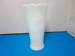 Anchor Hocking Milk Glass Vase Teardrop and Pearl. Beautiful scalloped rim with tear drops and Pearl pattern white vase. Best guess circa 1960s.<BR><BR>Height 7 1/8 inch;<BR>Top rim diameter across 4 ...