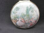 Mirror Compact Japan Victorian Dancing Vinyl Vintage. This is a nice 3 inch, hinged, double mirror compact, marked Japan. In a nice brass tone finish with with vinyl front and back center with the Vic...