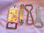 Advertising bottle and can openers set of 4. There is a Shaeffer beer opener plus another Schaeffer, a Genesee beer can opener, plus a larger, Las Vegas 12 horse ale opener marked Bell on the back. A ...