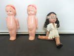 Celluloid Doll Lot of three Doll House Dolls Japan. Sweet celluloid doll trio lot for doll houses or display. The twin girls are marked Japan and have molded hair with painted faces strung arms and fi...