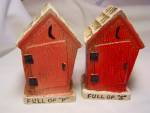 Outhouse Salt and Pepper shakers marked Nanco Sales Co. made in Japan. This is a cute set in a bisque and in nice condition. They are 3 1/2 inches high and 2 inches wide. Just as found.