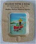 Nice little advertisement Ashtray for Wellsburg Roofing & Heating in Wellsburg, WV.  Center of Ashtray features a nice fishing on the lake scence.  Tin Ashtray measures about 4 1/2" x 3 1/2"...