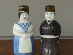 Super rare set of Imperial Figurine Salz & Pfeffer Hand Painted Shakers.  I've been selling Imperial Glass for many years and this very well may be a one of a kind item.  I've seen these shakers in an...