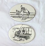 Great pair of vintage tiles depicting amusing scenes with horses and riders.  These were hand painted on tile blanks from Wheeling Tile Company, in Wheeling, West Virginia. Oval tiles - each measuring...