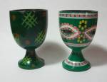 2 DIFFERENT 1950`S GREEN JAPAN EGG HOLDERS.THEY ARE BOTH MADE OF WOOD.  THE 1ST ONE WITH THE CRISS CROSS DESIGN HAS A LOT OF CRAZING ON IT AND A NICK ON ONE SIDE. THE 2ND ONE IS A FLORAL DESIGN. BOTH ...