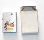1960`S JAPAN ENGRAVED HUNTER & DOG 5 COLOR ENAMELED LIGHTER. NICE SPARK. WHITE WICK. THESE WERE A ZIPPO KNOCK OFF OF THE TOWN & COUNTRY SERIES. ADD $3.00 SHIPPED IN THE USA. REF:121957