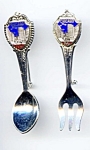Chicago, Illinois silver plated collectible souvenir spoon and fork enameled brooches with the Chicago skyline and 'Chicago, Ill.' on each, and measuring approximately 2 1/2 inches long by 1/2 inch wi...