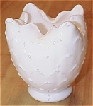 Nifty antique or vintage milk glass rose bowl whose top has four 'points' giving it a squarish shape, with raised scalloped design. Height 5 inches, width or diameter at the top 4 1/2 inches, round ba...