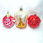 Three different flower bud shape silvered glass Christmas ornaments, made in 1960s and 1970s West Germany. The largest is 3-1/4" high, a satin white and gold colored tulip type flower bud. <BR><B...