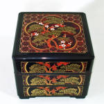 This type of vintage Japanese lacquered stacking box is often called a Bento or food box, but they can just as easily be used to store jewelry, makeup, sewing supplies, or other items. It has three tw...