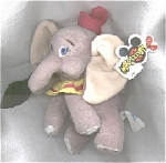 Dumbo mini bean bag plush flying elephant with black feather, has a Mousketoys tag from Disneyland, different eyes from Disney Store version. Dumbo's collar is yellow. The Dumbo and Walt Disney World ...