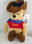 Disney Cowboy Pooh 8 inch Mousketoys tag, mini-bean-bag plush, from Disneyland in Anaheim, CA. Pooh, the tan bear is dressed in a red Pooh shirt, a dark blue print neck scarf, a brown cloth cowboy hat...