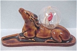 1930s Japan Pottery Elk / Deer With Glass Ball, 2" high x 4 1/4" long.  Ribbons and glass flame inside sealed ball, excellent condition.  <BR>