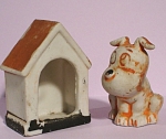 1920s/1930s Japan Bisque Porcelain Dog and Doghouse, pup 1 3/4" high, house 2" high.  Paint worn off, no chips. 