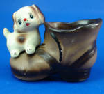 Japan Ceramic Puppy Dog with Shoe Toothpick Holder, 2 1/4" high, excellent condition. 
