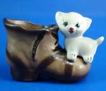 Japan Ceramic Cat with Shoe Toothpick Holder, 2 1/4" high.  Black cold paint wear on laces, otherwise excellent condition. 