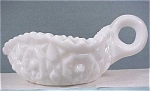 Milk Glass Nappy With Finger Handle, 2 1/2" high x 5" wide x 6 3/8" long.  Unmarked, excellent condition.  <BR>