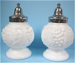 Imperial Milk Glass Grape Design Salt & Pepper Shaker Set, 3 7/8" high.  Imperial mark, excellent condition. <BR>