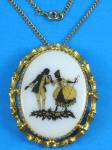Beautiful Victorian Style Dancers Silhouette Pin Pendant, 18" chain, 2" high pendant, milk glass, gold finish, new/excellent condition. 
