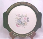 Offering this elegant large porcelain platter, round in shape with handles, rim is in deep emerald green with ornate 22 kt gold overlay.  Center holds a floral bouquet of blush pink roses and other fl...