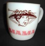 This is a Milk Glass Mama Mug. It measures 3.25" tall x 3" in diameter. It is marked 4-28 on the bottom. Good condition, no chips, nicks or fading