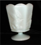 This is a Napco Milk Glass Planter with grape and cherries design. It measures 4 3/4" in diameter and 6 3/8" tall. It is in good condiiton.