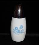 This is a Gemco Milk Glass Sugar Container with a plastic top. It measures at 6" tall. The top has normal wear, otherwise in good condition.
