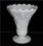 This is a Milk Glass Grape & Vine Vase with scalloped edge. It measures 6 1/2" tall, and is in good condition.