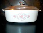 Corning Ware Covered Casserole English Breakfast, milk glass white with light blue and pink design. A-2-B, 2 liter size, comes with clear glass cover, both in very good condition.