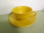 Anchor Hocking/Fire King Depression Glass Harvest Yellow Cup & Saucer Set, Yellow color fired on milk glass, 1940 to early 1950's. Marked on the bottom AH. Very good condition, no chips, or cracks.  <...