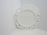 Anchor Hocking Milk Glass Lace Edge Round Snack Plate, in the discontinued pattern lace edge, AKA old colony.1950's - 1960's. Plate is 8" in diameter. Translucent milk glass with lace design arou...