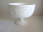 Milk glass compote is on a pedestal,6 ins. tall including pedestal,and 7 1ns. wide with smooth edge. Beautiful sandwich glass design, made by Anchor Hocking. Very good condition, no chips or cracks. P...
