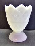 E.O.Brody Milk Glass Pedestal Planter.Planter in a detailed geometric pattern stands 6.25" tall. V-notched sawtooth rim 4.5" diameter. Decorated sloping round base 3.5" diameter.Marked ...