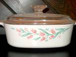 Corning Ware Covered Casserole Rosemarie ,milk glass white with pink tulips and green leaves.A-2-B,2 liter,comes with clear glass cover,both in very good condition.
