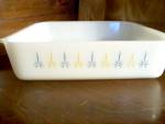 Fire King Candlewick 9" square cake pan,milk glass white with blue and gold design. Good condition. Made in USA Anchor Hocking Fire King. <BR>