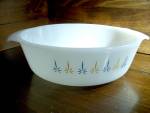 Fire King Candlewick 1 Qt. open Casserole Dish,milk glass white with blue and gold design.Very good condition.Made in USA Anchor Hocking Fire King.