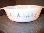 Fire King Candlewick 1.5 Qt. open Casserole Dish, milk glass white with blue and gold design. Very good condition. Made in USA Anchor Hocking Fire King. <BR>