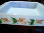 Fire King Cake Pan Gay Fad Peach Blossom,Milk Glass white with Peach flowers and green stems. 8 1n. square cake pan.Very good condition.
