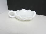 Vintage Kemple Toltec Milk Glass Nappy Discontinued Toltec pattern looks like hobstar and fan nappy is 1,75" tall. 6.25" wide with handle. Saw toothed ruffled edge. 5" opening. Very goo...