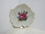  Vintage Japan Rose Leaf Shapes Miniature Plate, pink rose on white gold trimmed leaf shaped display plate or trinket dish. Very good condition, bright gold, price is for one. 