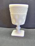 Mckee Milk Glass Crosshatch & Dot Footed Goblet. This discontinued crosshatch & dot goblet stands 5.5" tall.The square base is almost 2.5" diameter. A band crosshatch pattern around the top ...